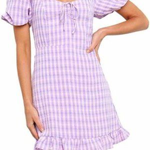 Brianna Casual Daily Violet Plaid Bowknot Puff Sleeves Mini Dress